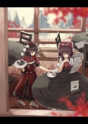 Rule 34 | 2girls, alternate costume, autumn leaves, bad id, bad pixiv id, black hair, blurry, blurry foreground, bow, brown hair, cafe, cake, cake slice, chair, chinese clothes, cup, detached sleeves, dress, food, from above, from outside, hair bow, hair tubes, hakurei reimu, hat, highres, holding, holding newspaper, holding saucer, holding tray, layered dress, letterboxed, looking to the side, mountain, multiple girls, newspaper, ookashippo, platform footwear, pom pom (clothes), reading, red dress, red eyes, red headwear, sandals, saucer, shameimaru aya, short hair, sidelocks, sitting, smile, tabi, table, teacup, tokin hat, touhou, tray, waitress, white legwear, wooden floor