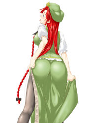 Rule 34 | 1girl, :p, ass, beret, blue eyes, blush, braid, breasts, china dress, chinese clothes, clothes lift, dress, dress lift, female focus, from behind, hat, highres, hong meiling, large breasts, long hair, looking back, niwatazumi, pantyhose, red hair, side braid, side slit, sketch, solo, star (symbol), tongue, tongue out, touhou, twin braids, very long hair