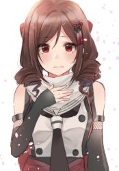 Rule 34 | 1girl, black gloves, bow, brown hair, cherry blossoms, closed mouth, cosplay, drill hair, elbow gloves, eyelashes, falling petals, fingerless gloves, gloves, hair bow, hair ornament, hand on own chest, harukaze (kancolle), kantai collection, long hair, neckerchief, petals, red bow, red eyes, rinto (rint rnt), sendai (kancolle), sendai (kancolle) (cosplay), sendai kai ni (kancolle), solo, tassel, upper body