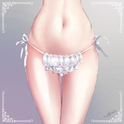 Rule 34 | 1girl, border, close-up, dated, gradient background, grey background, highres, lace, lace panties, layered panties, legs together, lower body, narrow waist, navel, original, panties, resolution mismatch, ribbon, side-tie panties, signature, solo, source larger, stomach, thigh gap, thighs, underwear, underwear only, white border, white panties, white ribbon, yanlan feixue