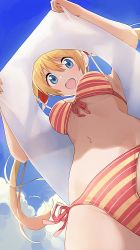 Rule 34 | 1girl, :d, armpits, bikini, blonde hair, blue eyes, blue sky, breasts, breasts apart, cloud, commentary, day, from below, front-tie bikini top, front-tie top, groin, hair between eyes, hair ribbon, highres, hiroki (yyqw7151), kirisaki chitoge, large breasts, lifting own clothes, long hair, looking at viewer, looking down, multicolored bikini, multicolored clothes, navel, nisekoi, open mouth, orange bikini, outdoors, red bikini, red ribbon, ribbon, round teeth, see-through, see-through shirt, side-tie bikini bottom, sky, smile, solo, stomach, striped bikini, striped clothes, swimsuit, tareme, teeth, translucent, twintails, underboob, upper teeth only, upshirt, very long hair