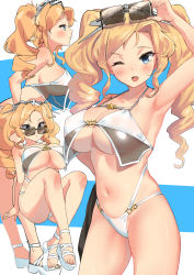 Rule 34 | 1girl, bikini, blonde hair, blue eyes, blush, breasts, casual one-piece swimsuit, cleavage, collarbone, commentary request, crossed legs, drill hair, eyewear on head, hand on own hip, headgear, highres, honolulu (kancolle), kantai collection, large breasts, long hair, multiple views, navel, one-piece swimsuit, one eye closed, open mouth, osananajimi neko, sandals, simple background, smile, standing, sunglasses, swimsuit, thighhighs, toeless footwear, twin drills, twintails, two-tone background, white footwear, white one-piece swimsuit
