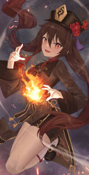 Rule 34 | 1girl, :d, absurdres, black footwear, black shorts, brown hair, chinese clothes, commentary request, fire, genshin impact, hair between eyes, hat, highres, hu tao (genshin impact), jumping, kneehighs, long hair, long sleeves, looking at viewer, mansu (user pnmp4287), open mouth, porkpie hat, red eyes, shoes, short shorts, shorts, sidelocks, simple background, smile, socks, solo, symbol-shaped pupils, twintails, white socks, wide sleeves