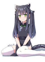 Rule 34 | 1girl, animal ear fluff, animal ears, artist name, black dress, black hair, blue archive, blunt bangs, china dress, chinese clothes, dress, green eyes, highres, long hair, reia 76, short sleeves, shun (blue archive), shun (small) (blue archive), sitting, smile, solo, thighhighs, tiger ears, twintails, white thighhighs
