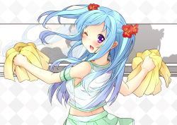Rule 34 | 1girl, arm strap, blue hair, blush, cheerleader, chemise, flower, hair flower, hair ornament, long hair, looking at viewer, looking back, midriff, one eye closed, open mouth, original, oruto (ort+), pom pom (cheerleading), purple eyes, skirt, smile, solo, tank top, two side up
