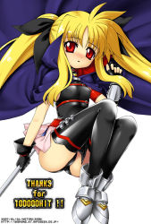 Rule 34 | 00s, 1girl, ankle boots, ass, bardiche (nanoha), black dress, black panties, black thighhighs, blonde hair, boots, breasts, cape, dress, fate testarossa, fate testarossa (lightning form), full body, hotori (sion), looking at viewer, lyrical nanoha, mahou shoujo lyrical nanoha, panties, pink skirt, showgirl skirt, sidelocks, simple background, skin tight, skirt, small breasts, solo, thighhighs, underwear, upskirt, white background