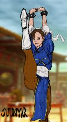 Rule 34 | 1girl, absurdres, arms up, artist name, blurry, boots, capcom, china dress, chinese clothes, chun-li, curvy, double bun, dress, hair bun, highres, juunyar, leg up, non-web source, pelvic curtain, self-upload, short hair, solo, standing, standing on one leg, street fighter, street fighter ii (series), stretching, thick thighs, thighs