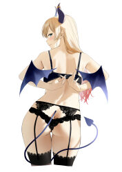 Rule 34 | 1girl, absurdres, adjusting bra, adjusting clothes, arms behind back, ass, back, bat wings, black bra, black garter belt, black panties, black thighhighs, blonde hair, blush, bra, butt crack, cropped legs, demon horns, demon tail, from behind, garter belt, highres, hololive, horns, lace, lace-trimmed garter belt, lace-trimmed panties, lace-trimmed thighhighs, lace trim, looking at viewer, median furrow, panties, pointy ears, profile, sideways glance, simple background, smile, tail, thigh gap, thighhighs, umakuchi shouyu, underwear, underwear only, virtual youtuber, white background, wings, yuzuki choco