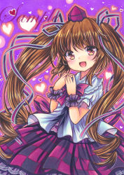 Rule 34 | 1girl, :d, blush, bow, bowtie, brown hair, checkered clothes, checkered skirt, cowboy shot, frilled shirt collar, frilled skirt, frills, hair ribbon, hat, heart, himekaidou hatate, long hair, looking at viewer, marker (medium), open mouth, own hands together, puffy short sleeves, puffy sleeves, purple background, purple bow, purple bowtie, purple eyes, purple hat, purple ribbon, purple skirt, purple theme, ribbon, rui (sugar3), sample watermark, shirt, short sleeves, skirt, smile, solo, tokin hat, touhou, traditional media, very long hair, watermark, white shirt, wrist cuffs