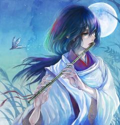 Rule 34 | androgynous, bad id, bad pixiv id, blue eyes, blue hair, bug, dragonfly, flute, full moon, gender request, insect, instrument, japanese clothes, long hair, matching hair/eyes, moon, night, original, ron (mosamosa), solo, traditional clothes