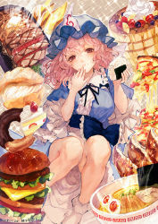 Rule 34 | 1girl, :t, black bow, black ribbon, blue dress, blue hat, blue sash, blueberry, bow, bowl, bread, breasts, burger, cake, center frills, commentary request, dated, doughnut, dress, eating, food, frilled shirt collar, frills, fruit, grey background, hair between eyes, hand to own mouth, hands up, hat, head tilt, holding, holding food, juliet sleeves, large breasts, long sleeves, looking at viewer, mob cap, mochacot, neck ribbon, no shoes, noodles, onigiri, pancake, pink eyes, pink hair, pizza, puffy sleeves, ramen, ribbon, saigyouji yuyuko, sash, short hair, sitting, socks, solo, sparkle, steak, strawberry, strawberry shortcake, syrup, touhou, triangular headpiece, wavy hair, whipped cream, white socks, wide sleeves