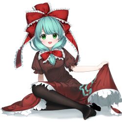 Rule 34 | 1girl, absurdres, black thighhighs, bow, commission, dress, frilled bow, frilled dress, frilled ribbon, frills, front ponytail, green eyes, green hair, hair ribbon, highres, kagiyama hina, keiki8296, lifted by self, looking at viewer, open mouth, red bow, red ribbon, ribbon, skeb commission, smile, solo, thighhighs, touhou, white background