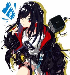 Rule 34 | 1girl, arknights, belt, black hair, closure (arknights), commentary request, cube, demon tail, demon wings, id card, jacket, koka (rikku-file), long hair, looking at viewer, one eye closed, pointy ears, red eyes, simple background, solo, tail, tongue, tongue out, utility belt, white background, wings