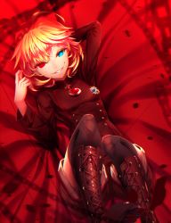 Rule 34 | 10s, 1girl, bad id, bad pixiv id, black thighhighs, blonde hair, booth seating, boots, heterochromia, jewelry, limeblock, looking at viewer, lying, medal, military, military uniform, on back, short hair, smile, solo, tanya degurechaff, thighhighs, uniform, youjo senki
