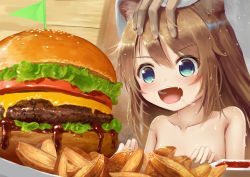 Rule 34 | 1girl, :d, animal ear fluff, animal ears, blue eyes, blush, brown hair, burger, cat ears, cat girl, cheese, collarbone, commentary request, drooling, fang, flag, food, hair between eyes, headpat, ketchup, lettuce, long hair, nude, open mouth, original, potato wedges, psyche3313, sauce, sesame seeds, smile, solo focus, table, tomato, water drop, wet