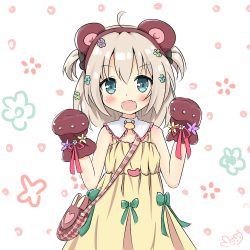 Rule 34 | 1girl, :d, ahoge, animal ears, animal hands, asymmetrical bangs, bad id, bad pixiv id, bag, bear ears, bear paws, blonde hair, blush, creative commons, dress, fake animal ears, flower (symbol), gloves, green eyes, green ribbon, hair ornament, hairband, handbag, looking at viewer, mony, open mouth, original, ribbon, scrunchie, short hair, short twintails, sketch, smile, solo, twintails, two side up, wavy mouth, yellow dress