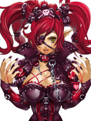 Rule 34 | 1girl, blood, breasts, chain, cleavage, collar, eyepatch, hat, large breasts, long hair, original, pointy ears, red hair, solo, tongue, torigoe takumi, yellow eyes