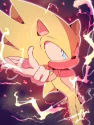 Rule 34 | animal ears, artist name, blue eyes, furry, furry male, gloves, hand up, hedgehog, hedgehog ears, hedgehog tail, highres, lightning, looking to the side, machimo129, no mouth, solo, sonic (series), sonic the hedgehog, super sonic, tail, white gloves, yellow fur