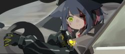 Rule 34 | 1girl, aiming, aiming at viewer, animal ears, arknights, black gloves, black hair, black jacket, blood, blood on face, car interior, cat ears, cat girl, closed mouth, colored inner hair, commentary, firing at viewer, from side, gloves, green eyes, grey background, gun, headphones, highres, holding, holding gun, holding weapon, injury, jacket, jessica (arknights), looking at viewer, looking to the side, multicolored hair, one eye closed, ponytail, red hair, shinnasuka025, solo, steering wheel, upper body, weapon