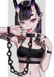 Rule 34 | 1girl, bare shoulders, black choker, black hair, black nails, black shirt, black tank top, blunt bangs, breasts, chain, choker, collarbone, crop top, ear piercing, earrings, eyelashes, eyeliner, eyeshadow, fangs, fate/grand order, fate (series), fingernails, flower tattoo, gradient hair, halterneck, hand to own mouth, hands up, highres, horns, jewelry, lam (ramdayo), looking at viewer, makeup, mascara, multicolored hair, nail polish, navel, navel piercing, oni, open mouth, piercing, pointy ears, pulling own clothes, purple eyes, purple hair, ring, shirt, short eyebrows, shuten douji (fate), skin-covered horns, small breasts, solo, spaghetti strap, strap pull, stud earrings, studded choker, tank top, tattoo, thick eyebrows, tongue, tongue out, tongue piercing, two-tone hair, upper body, wristlet