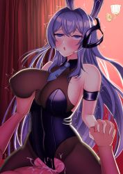 Rule 34 | 1boy, 1girl, ahegao, animal ears, arm strap, azur lane, blush, bodystocking, breasts, cleavage, cowgirl position, crossed bangs, cum, cum in pussy, fake animal ears, girl on top, grabbing, grabbing another&#039;s breast, hetero, highres, holding hands, impossible clothes, indoors, keyword, lamp, large breasts, leotard, new jersey (azur lane), new jersey (exhilarating steps!) (azur lane), official alternate costume, open mouth, playboy bunny, purple eyes, purple hair, purple leotard, rabbit ears, see-through, see-through cleavage, sex, skin tight, straddling, strapless, strapless leotard, torn bodystocking, torn clothes, vaginal