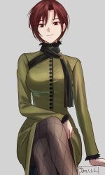 Rule 34 | 1girl, aozaki touko, brown eyes, brown hair, brown pantyhose, buttons, closed mouth, commentary request, crossed legs, dress, fishnet pantyhose, fishnets, fur-trimmed dress, fur-trimmed sleeves, fur trim, green dress, grey background, highres, long sleeves, looking at viewer, mahou tsukai no yoru, pantyhose, shintyoi2, short hair, simple background, sitting, smile, solo, thighs