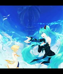 Rule 34 | 2girls, aqua hair, aqua nails, ar tonelico, bare shoulders, blonde hair, blue eyes, bow, detached sleeves, exec resolution/. (vocaloid), gust, hair bow, hand on another&#039;s chest, hand on own chest, hatsune miku, highres, hymmnos, kagamine rin, letterboxed, long hair, multiple girls, music, nail polish, short hair, singing, sky, twintails, very long hair, vocaloid, yumemitsuki