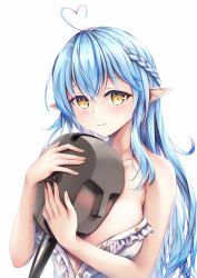 Rule 34 | 1girl, ahoge, bare arms, bare shoulders, blue hair, blush, braid, breasts, closed mouth, collarbone, commentary, dress, hair between eyes, heart, heart ahoge, hinoka (allen), hololive, large breasts, long hair, multicolored hair, hugging object, pointy ears, simple background, smile, solo, streaked hair, very long hair, virtual youtuber, white background, white dress, yellow eyes, yukihana lamy