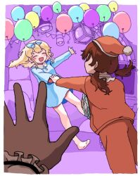 Rule 34 | 2girls, apricot (vocaloid), balloon, barefoot, bedroom, blonde hair, blue bow, blue nightgown, bow, ceiling light, closed eyes, facing another, facing away, floating hair, hair bow, hat, holding, holding pillow, indoors, long hair, long sleeves, low twintails, mitty3302004, monochrome background, multiple girls, nightcap, nightgown, outside border, pajamas, pajamy (vocaloid), pants, pennant, pillow, pov, pov hands, pulling, purple background, red hair, red pajamas, red pants, red shirt, shirt, twintails, vocaloid