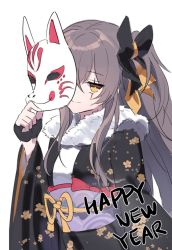 Rule 34 | 1girl, bad id, bad twitter id, black kimono, brown hair, clming, covering one eye, fingerless gloves, fox mask, fur trim, girls&#039; frontline, gloves, hair ribbon, happy new year, holding, holding mask, japanese clothes, kimono, long hair, looking at viewer, mask, new year, obi, official alternate costume, one side up, ribbon, sash, scar, scar across eye, scar on face, smile, solo, ump45 (girls&#039; frontline), ump45 (lonely traveler of eternity) (girls&#039; frontline), white background, yellow eyes