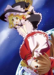 Rule 34 | 2girls, blonde hair, blush, bow, braid, brown hair, cover, cover page, detached sleeves, earth (planet), ema20, female focus, flying, hair bow, hair tubes, hakurei reimu, hat, highres, kirisame marisa, long hair, multiple girls, open mouth, skirt, smile, space, star (symbol), touhou, upside-down, witch hat, yellow eyes