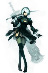 Rule 34 | 1girl, android, black dress, black footwear, black thighhighs, blindfold, boots, breasts, broadsword, cleavage, cleavage cutout, clothing cutout, dress, female focus, full body, gloves, greatsword, high heel boots, high heels, hungry clicker, katana, medium breasts, nier (series), nier:automata, silver hair, solo, sword, thigh boots, thighhighs, two-sided fabric, two-sided skirt, weapon, white background, 2b (nier:automata)