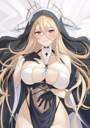 Rule 34 | 1girl, absurdres, azur lane, breasts, cleavage, highres, implacable (azur lane), large breasts, long hair, looking at viewer, lying, nun, on back, smile, solo, xiaoxiao de kuangsan