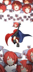 Rule 34 | 1girl, aliun, arm up, boots, cape, disembodied head, full body, glowing, glowing eyes, hair ornament, hair ribbon, highres, long sleeves, looking at viewer, looking up, open mouth, pointing, pointing up, red eyes, red hair, ribbon, sekibanki, severed head, shirt, short hair, simple background, skirt, smile, solo, staring, touhou, white background