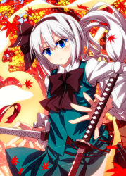 Rule 34 | 1girl, autumn, autumn leaves, black bow, black bowtie, black hairband, black ribbon, blue eyes, blush, bow, bowtie, closed mouth, colored eyelashes, commentary request, cowboy shot, day, dual wielding, falling leaves, frilled sleeves, frills, glint, green skirt, green vest, hair ribbon, hairband, highres, hitodama, holding, holding sword, holding weapon, katana, konpaku youmu, konpaku youmu (ghost), leaf, long sleeves, looking at viewer, maple leaf, outdoors, ribbon, sazanami mio, shirt, short hair, silver hair, skirt, solo, sword, touhou, vest, weapon, white shirt