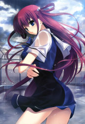 Rule 34 | 10s, 1girl, absurdres, blue eyes, day, fumio (ura fmo), grisaia (series), grisaia no kajitsu, hair ribbon, highres, long hair, looking at viewer, official art, outdoors, purple hair, rain, ribbon, rooftop, scan, solo, suou amane, wet, wet clothes, white ribbon