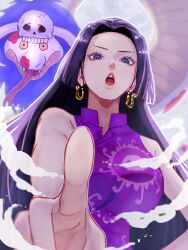 Rule 34 | 1girl, bare shoulders, black hair, blue eyes, boa hancock, breasts, commentary request, dress, earrings, eyelashes, fangs, forked tongue, highres, jewelry, large breasts, long hair, looking at viewer, one piece, open mouth, pink lips, pointing, pointing at viewer, purple dress, salome (one piece), sc scandium, skull, sleeveless, sleeveless dress, snake, snake earrings, teeth, tongue, upper body, yellow eyes