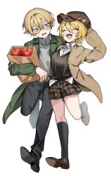 Rule 34 | 1boy, 1girl, apple, bag, blonde hair, closed eyes, don quixote (project moon), food, fruit, full body, glasses, highres, limbus company, mu46016419, open mouth, pants, paper bag, project moon, shoes, short hair, shorts, simple background, sinclair (project moon), vest, white background, yellow eyes