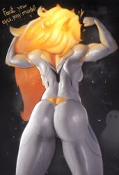 Rule 34 | 1girl, 1other, absurdres, arms up, ass, backboob, blonde hair, bodysuit, breasts, breath, dawnbreaker (dota), dota (series), english text, facing away, flexing, from behind, glowing, glowing hair, grey background, grey bodysuit, heart, highres, long hair, looking at another, medium breasts, shiny clothes, solo focus, sorapoi, standing, sweat