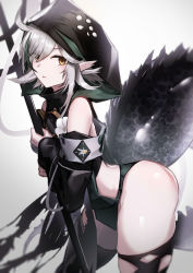 Rule 34 | 1girl, arknights, bare shoulders, brown eyes, commentary request, cowboy shot, crocodilian tail, flower, grey background, highres, holding, holding staff, hood, large tail, lodbyy, long sleeves, looking at viewer, parted lips, pointy ears, short hair, silver hair, simple background, solo, staff, tail, thighs, tomimi (arknights), white flower