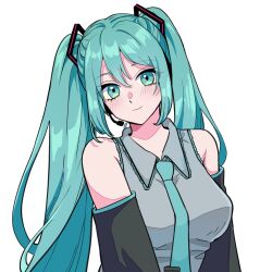 Rule 34 | 1girl, aqua eyes, aqua hair, aqua necktie, bare shoulders, black sleeves, blush, breasts, closed mouth, collared shirt, commentary request, detached sleeves, grey shirt, hair between eyes, hair ornament, hatsune miku, headset, highres, long hair, long sleeves, looking at viewer, medium breasts, necktie, shirt, sidelocks, simple background, sleeveless, sleeveless shirt, smile, solo, twintails, upper body, very long hair, vocaloid, white background, white shirt, yuno ff