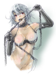 Rule 34 | 00s, 1girl, albino, bottomless, bra, breasts, chain, collar, elbow gloves, gloves, groin, large breasts, licking, lingerie, naughty face, open mouth, red eyes, saiki misaki, saliva, sexually suggestive, short hair, silver hair, sketch, solo, soutatsu, teizokurei daydream, tongue, underwear, whip
