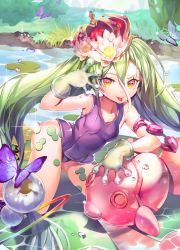 Rule 34 | 1girl, :p, animal, animal hands, arm belt, breasts, bug, butterfly, collarbone, crown, day, eyelashes, fish, flower, frog girl, gloves, goggles, grass, green hair, hair between eyes, hair flower, hair ornament, highres, insect, leaf, lens flare, lily pad, long hair, looking at viewer, lotus, multicolored eyes, naeun (pinky1866), one-piece swimsuit, orb, original, outdoors, paw gloves, purple eyes, purple one-piece swimsuit, school swimsuit, see-through, small breasts, solo, sparkle, swimsuit, tongue, tongue out, twintails, unworn goggles, very long hair, water, yellow eyes
