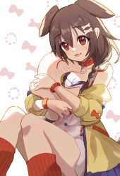 Rule 34 | 1girl, animal ears, blush, bone hair ornament, braid, breasts, brown eyes, brown hair, cartoon bone, cleavage, collar, collarbone, commentary request, dog ears, dog girl, dog tail, dress, feet out of frame, frilled jacket, frills, hair ornament, hair over shoulder, hololive, hug, inugami korone, inugami korone (1st costume), jacket, knees together feet apart, knees up, listener (inugami korone), long hair, long sleeves, medium breasts, off shoulder, open clothes, open jacket, red collar, red socks, ribbed legwear, shadowsinking, sleeveless, sleeveless dress, smile, socks, tail, twin braids, virtual youtuber, white background, white dress, yellow jacket