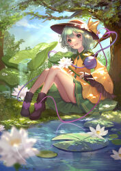 Rule 34 | 1girl, absurdres, arua, black hat, bow, buttons, day, diamond button, eyeball, flower, foliage, frilled shirt collar, frilled sleeves, frills, green eyes, green hair, green skirt, hat, hat bow, heart, heart of string, highres, holding, holding flower, komeiji koishi, lily pad, long sleeves, open mouth, outdoors, reflection, reflective water, shirt, sitting, skirt, smile, solo, thighs, third eye, touhou, tree, water, water lily flower, white flower, wide sleeves, yellow bow, yellow shirt