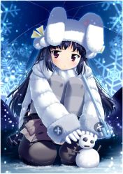 Rule 34 | 1girl, animal ears, animal hat, black hair, boots, buttons, coat, gloves, grey thighhighs, hat, kooh, large buttons, long hair, pangya, purple eyes, rabbit ears, rabbit hat, scarf, simk, skirt, snow, snowflakes, snowing, snowman, solo, squatting, striped clothes, striped thighhighs, thighhighs, umbrella, white gloves, white scarf, yamabuki zarame