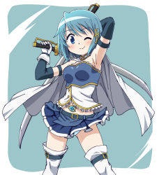 Rule 34 | 1girl, ;), arm strap, belt, blue belt, blue gloves, blue hair, blue shirt, blue skirt, bob cut, cape, commentary request, cutlass, dual wielding, elbow gloves, fortissimo, frilled shirt, frills, gloves, hair ornament, highres, holding, holding behind back, holding sword, holding weapon, inoue kouji, layered gloves, looking at viewer, magical girl, mahou shoujo madoka magica, mahou shoujo madoka magica (anime), midriff, miki sayaka, miniskirt, musical note, musical note hair ornament, one eye closed, panties, pantyshot, pleated skirt, shirt, short hair, skirt, smile, solo, standing, strapless, strapless shirt, sword, thigh strap, thighhighs, underwear, weapon, white cape, white gloves, white panties, white thighhighs