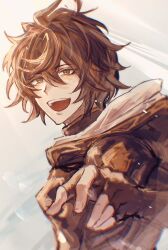 Rule 34 | 1boy, :d, armor, bishounen, breastplate, brown eyes, brown hair, chromatic aberration, granblue fantasy, grin, hair between eyes, happy, highres, hood, hood down, light blush, light particles, looking at viewer, male focus, messy hair, open mouth, reaching, reaching towards viewer, sakuraba taku, sandalphon (granblue fantasy), smile, solo focus, teeth, turtleneck, upper body, upper teeth only, white background