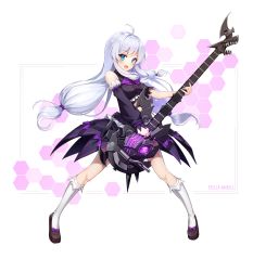 Rule 34 | 1girl, ahoge, bad id, bad pixiv id, bare shoulders, blue eyes, blush, breasts, character name, detached sleeves, dress, full body, guitar, holding, holding instrument, instrument, long hair, looking at viewer, open mouth, purple dress, shoes, sidelocks, silver hair, small breasts, socks, solo, soulworker, standing, stella unibell, twintails, user ghkk7325, very long hair, white socks