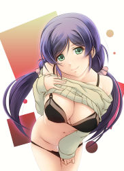 Rule 34 | 10s, 1girl, aqua eyes, bare shoulders, black bra, black panties, blush, bra, breasts, cleavage, closed mouth, clothes lift, collarbone, cowboy shot, hair ornament, hair scrunchie, large breasts, leaning forward, lifted by self, long hair, long sleeves, looking at viewer, love live!, love live! school idol festival, love live! school idol project, low twintails, navel, no pants, panties, panty pull, pink lips, pulled by self, purple hair, ribbed sweater, scrunchie, shirt, shirt lift, slowpit, smile, solo, standing, stomach, sweater, thigh gap, tojo nozomi, twintails, underwear
